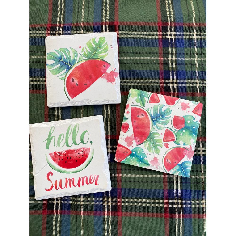 Painted Slate‎ Summer Cork Backed Coasters Set of 3 Watermelon Motif